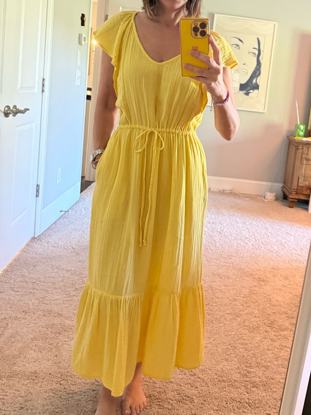 Velvet by Graham & Spencer Sunny Yellow V-Neck Drawstring Long Dress